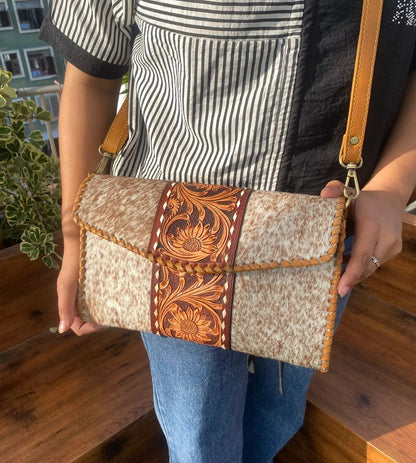 Hand tooled leather cowhide crossbody purse