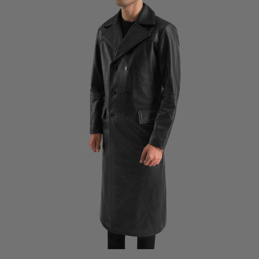 Double Breasted Black Leather Coat For Men