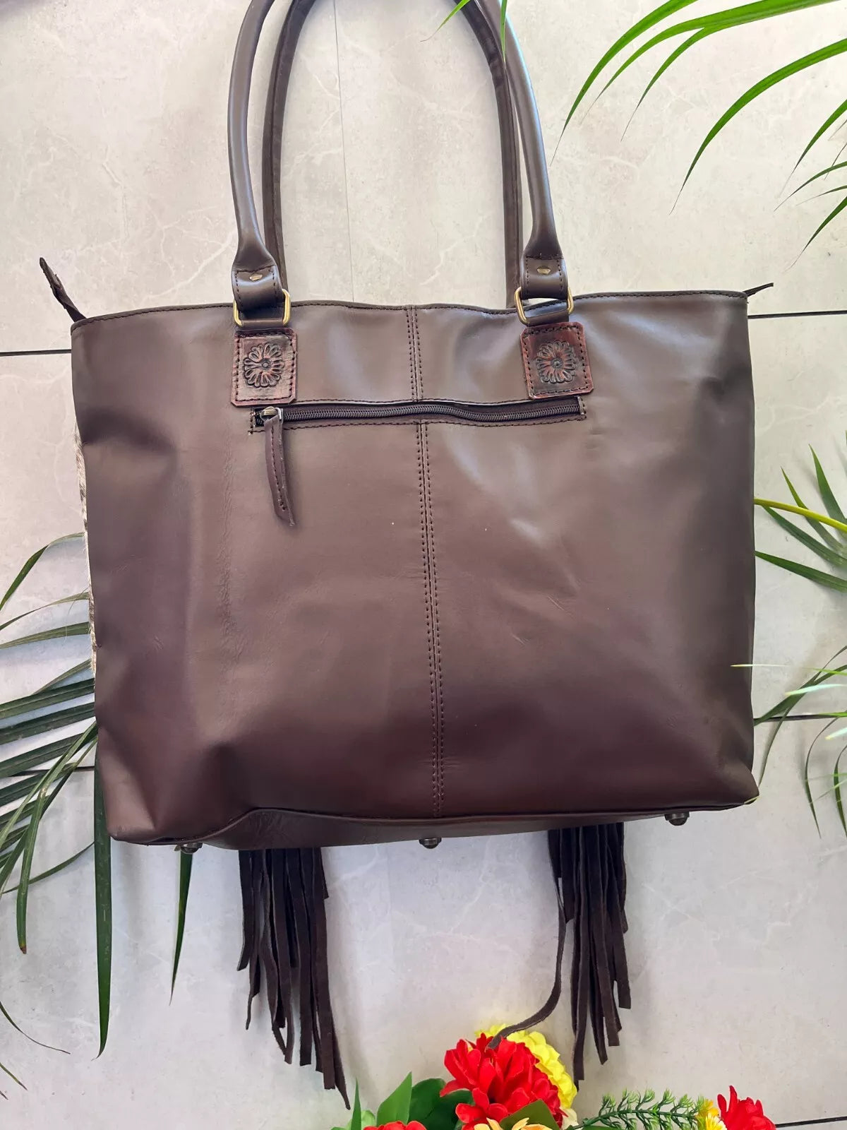 Cowhide Tooled Leather Handbag Fringe
