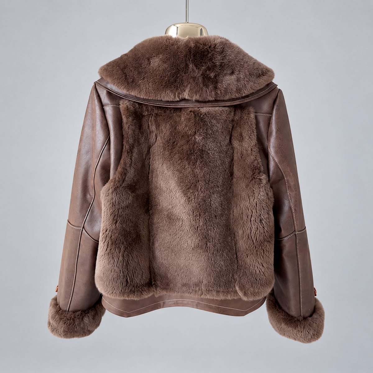 Brown Leather Jacket Women Short Winter Fur Collar Style