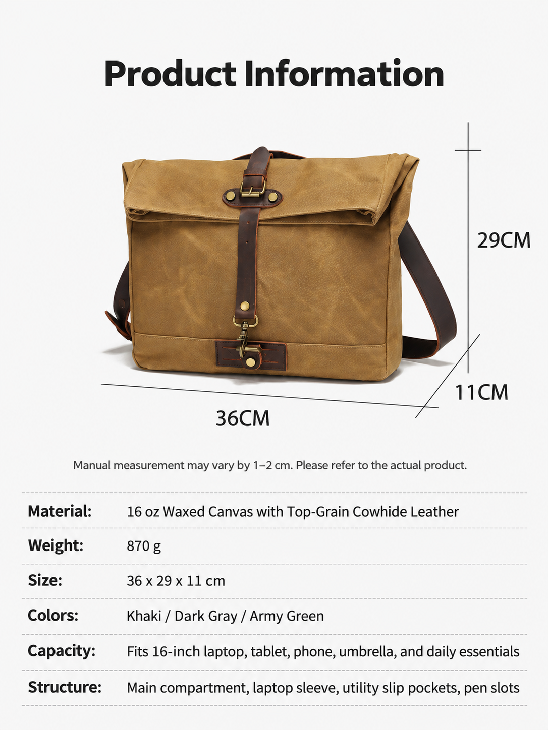 Canvas Messenger Bag with Waxed Finish and Top-Grain Cowhide Leather