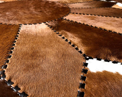 Brown White Patchwork Cowhide Rug Round