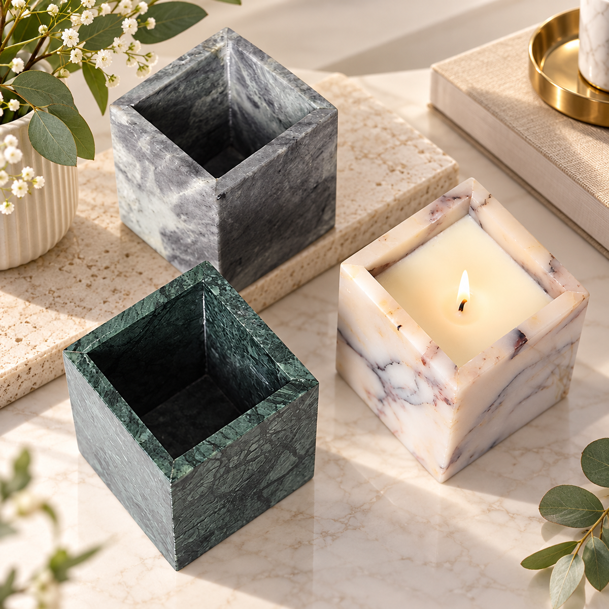 Square Marble Candle Holder with Geometric Cube Design and Stone Veining