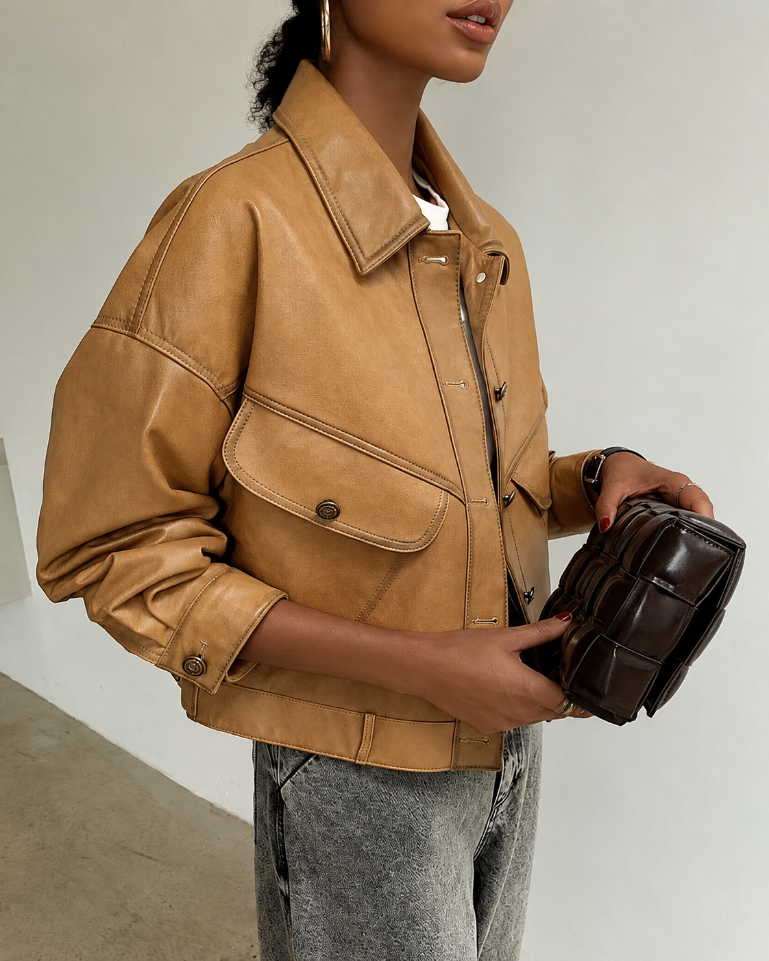 Women's Cropped Leather Jacket in Lambskin with Relaxed Moto Style