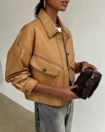 Women's Cropped Leather Jacket in Lambskin with Relaxed Moto Style