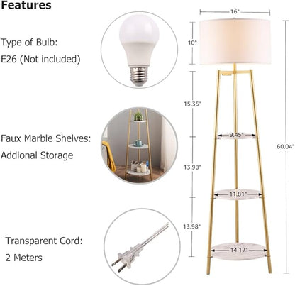 Boho Floor Lamp with Faux Marble Shelves for Living Room