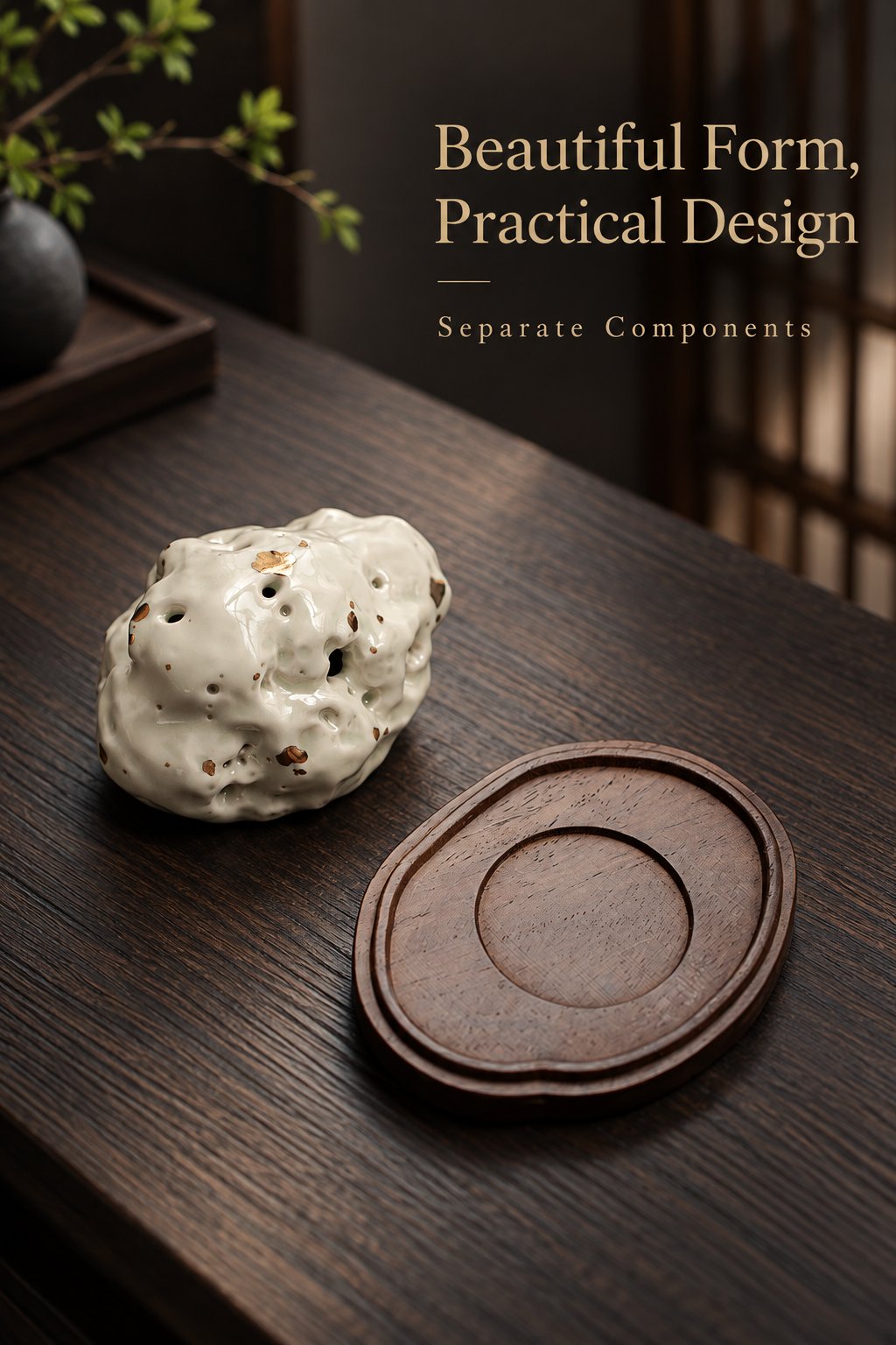 Ceramic Incense Burner with Wooden Base and Stone-Inspired Design