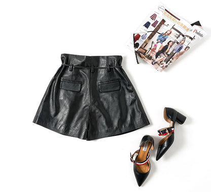 Women Leather Shorts High Waist Wide Leg Pleated Lace-Up
