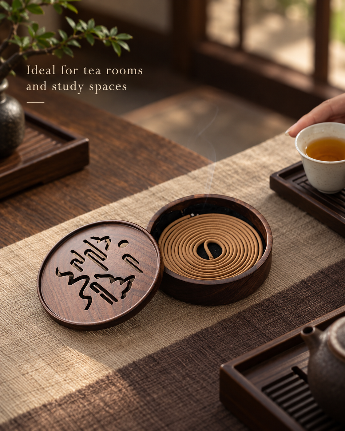 Wooden Incense Burner with Decorative Lid for Coil Use