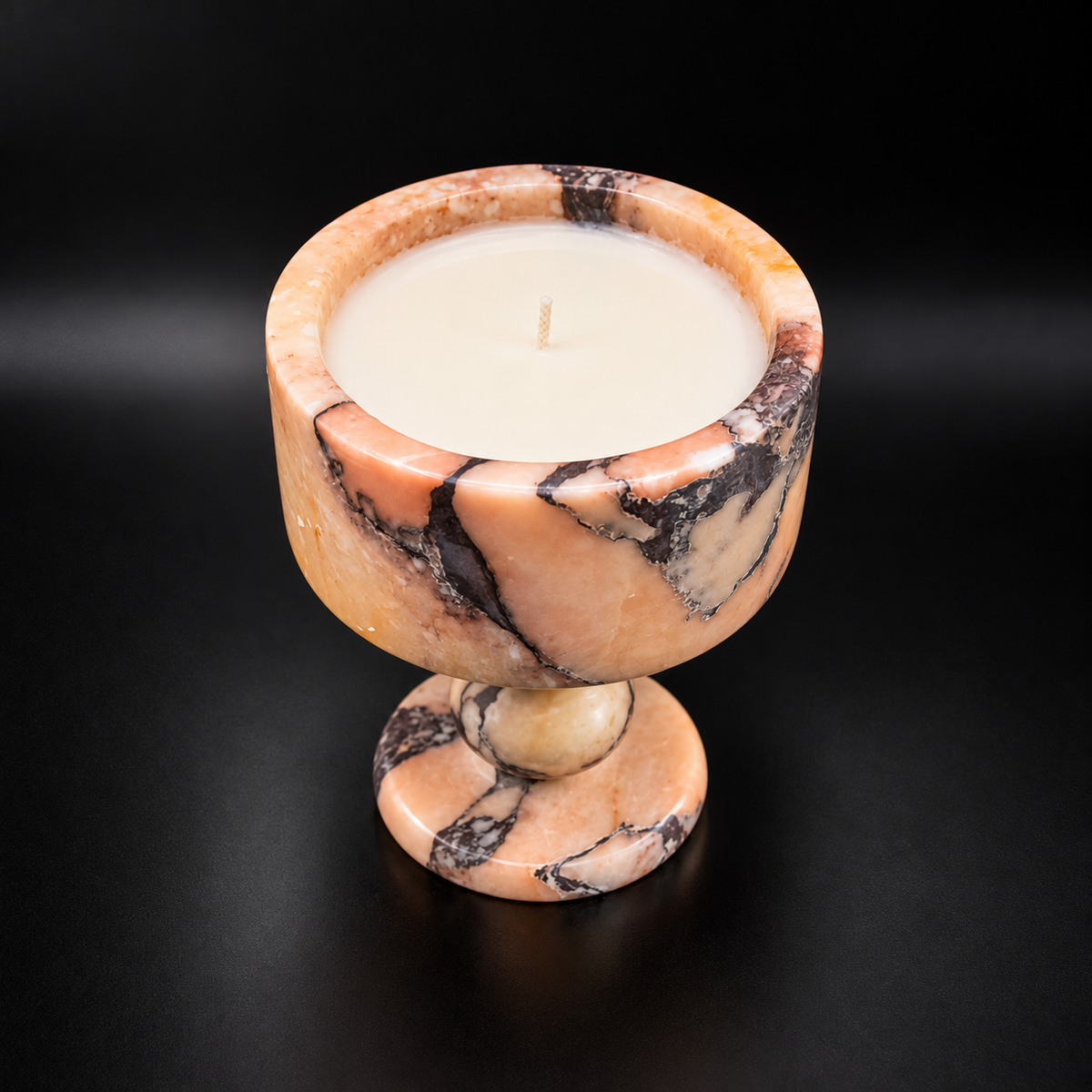 Peach Marble Pedestal Candle Holder with Rounded Stem and Dark Veining