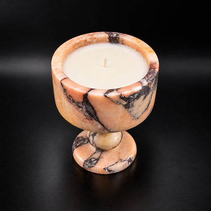 Peach Marble Pedestal Candle Holder with Rounded Stem and Dark Veining