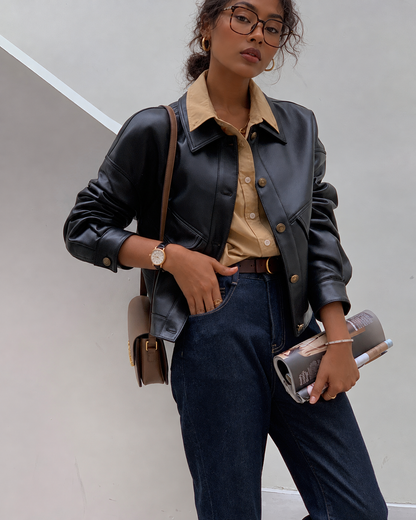 Women's Cropped Leather Jacket in Lambskin with Relaxed Moto Style