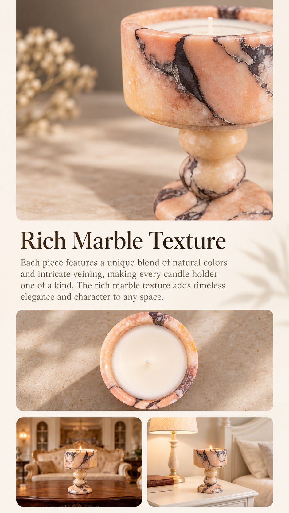 Peach Marble Pedestal Candle Holder with Rounded Stem and Dark Veining