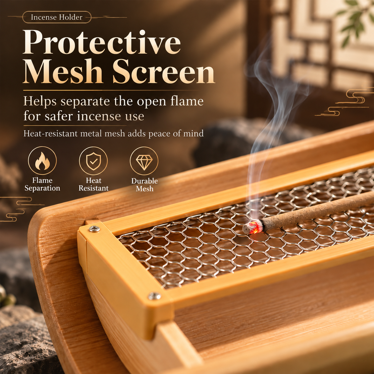 Bamboo Incense Stick Holder with Removable Metal Mesh Ash Tray