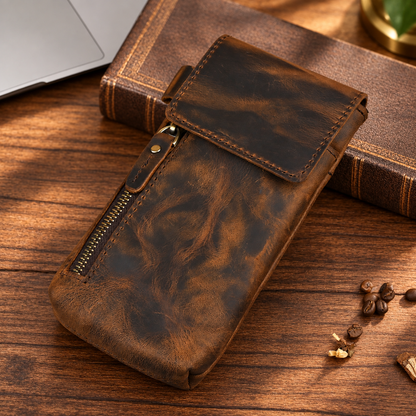 Men’s Leather Waist Bag with Vintage Phone Pouch and Zipper Pocket