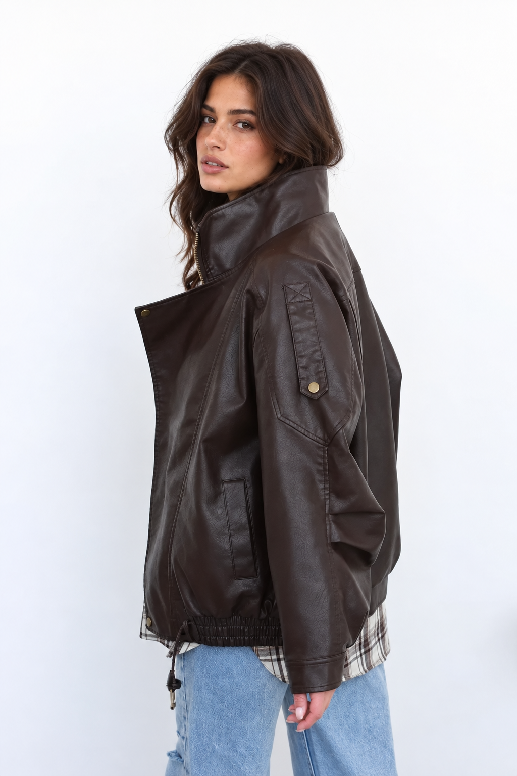 Women’s Oversized Brown PU Leather Biker Jacket with Asymmetrical Zip