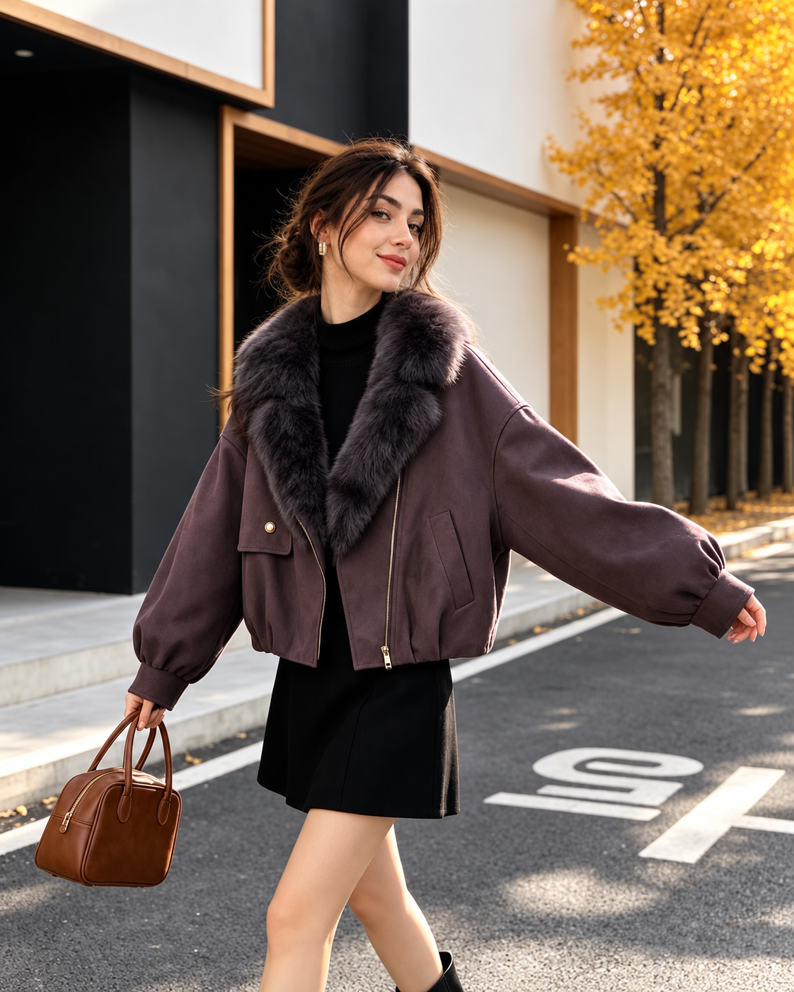 Women’s Brown Fur Collar Bomber Jacket