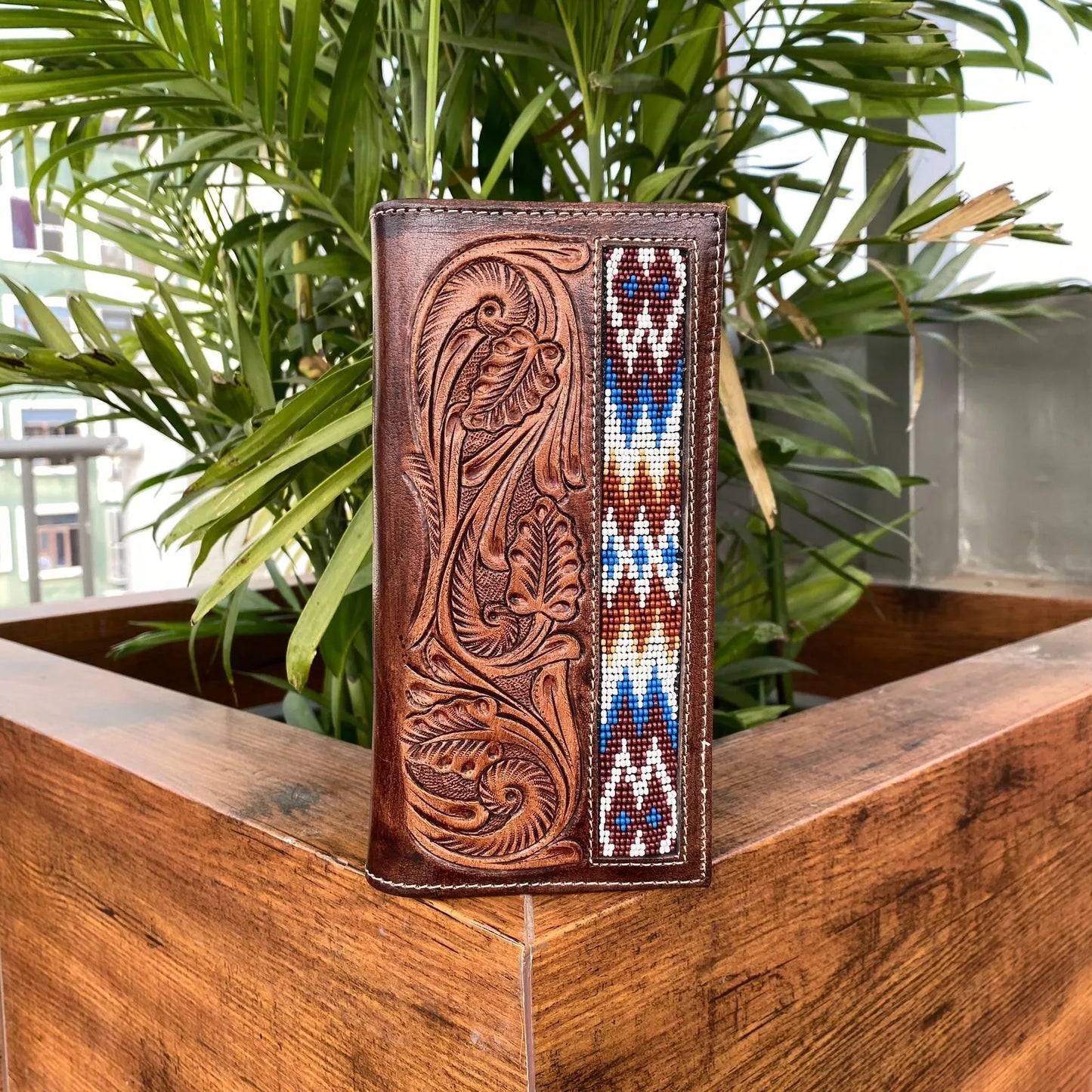 tooled leather long wallet bifold