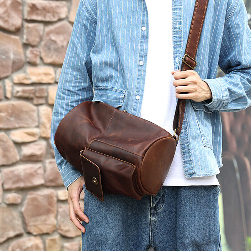 Leather Men Messenger Bags Cylindrical Style