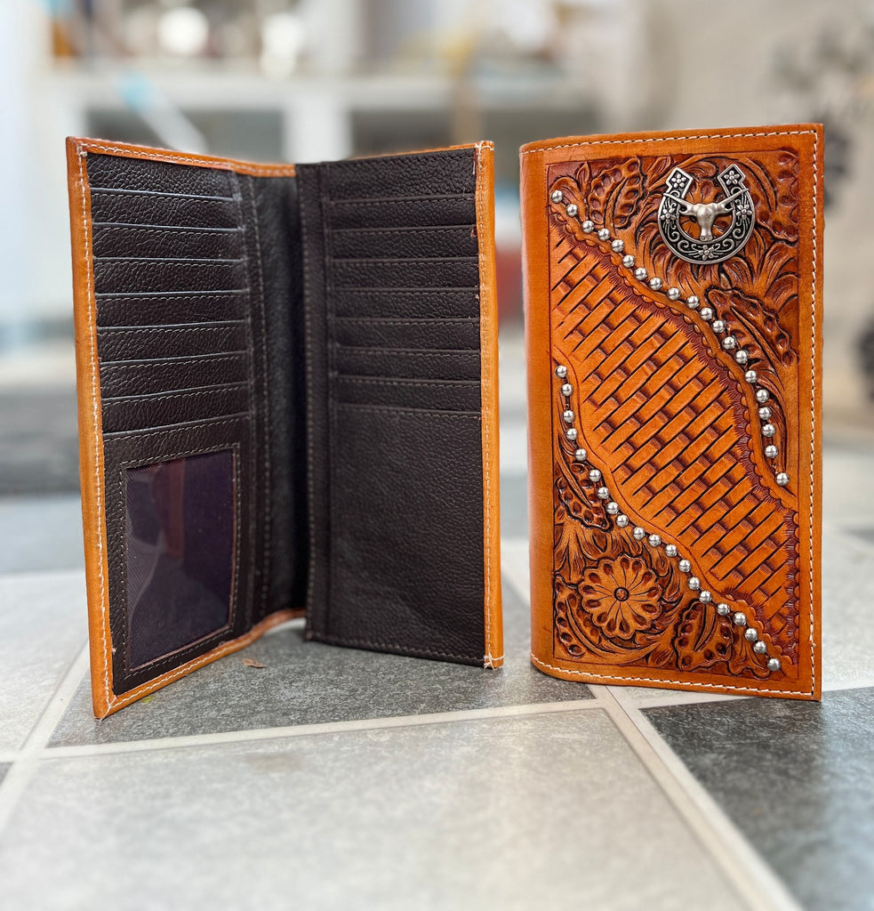 Tooled Cowhide Leather Long Wallet