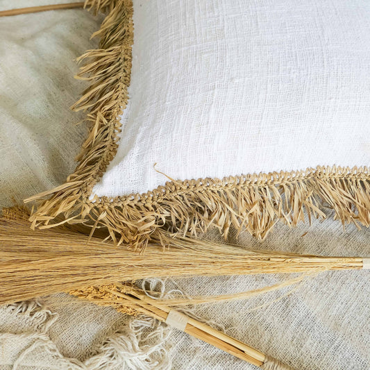 Organic white cotton fringed pillow cover