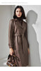 Women Brown Sheepskin Leather Trench Coat with Tie Waist