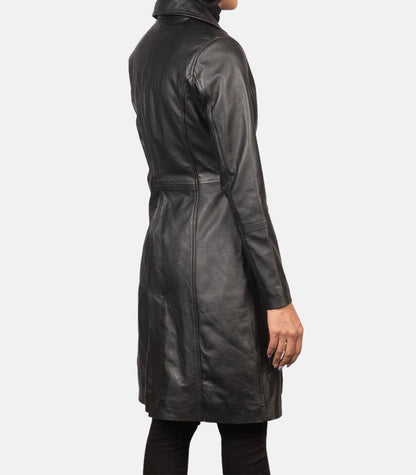 Women's Black Leather Trench Long Coat