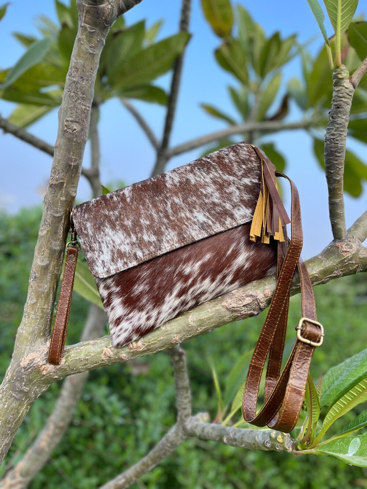 Brown White Speckled Cowhide Sling Purse
