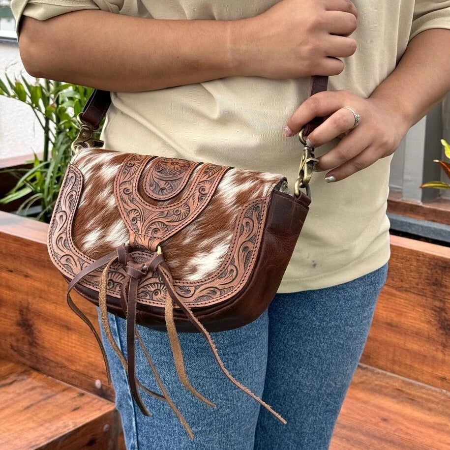 Western Tooled Leather Crossbody Cowhide Bag with Fringe