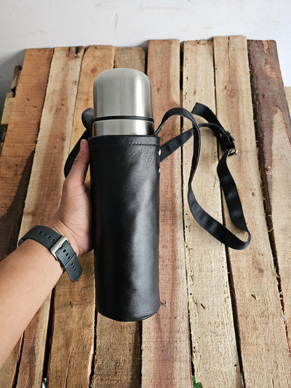 Reusable leather water bottle carrier