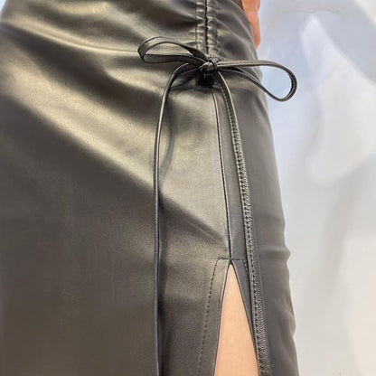 Women Real Leather Thin Slit Long Skirt