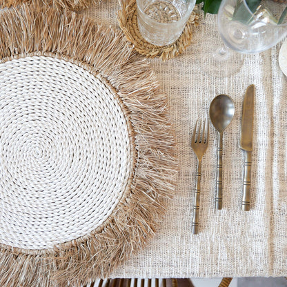 Natural Raffia fringed white placemat