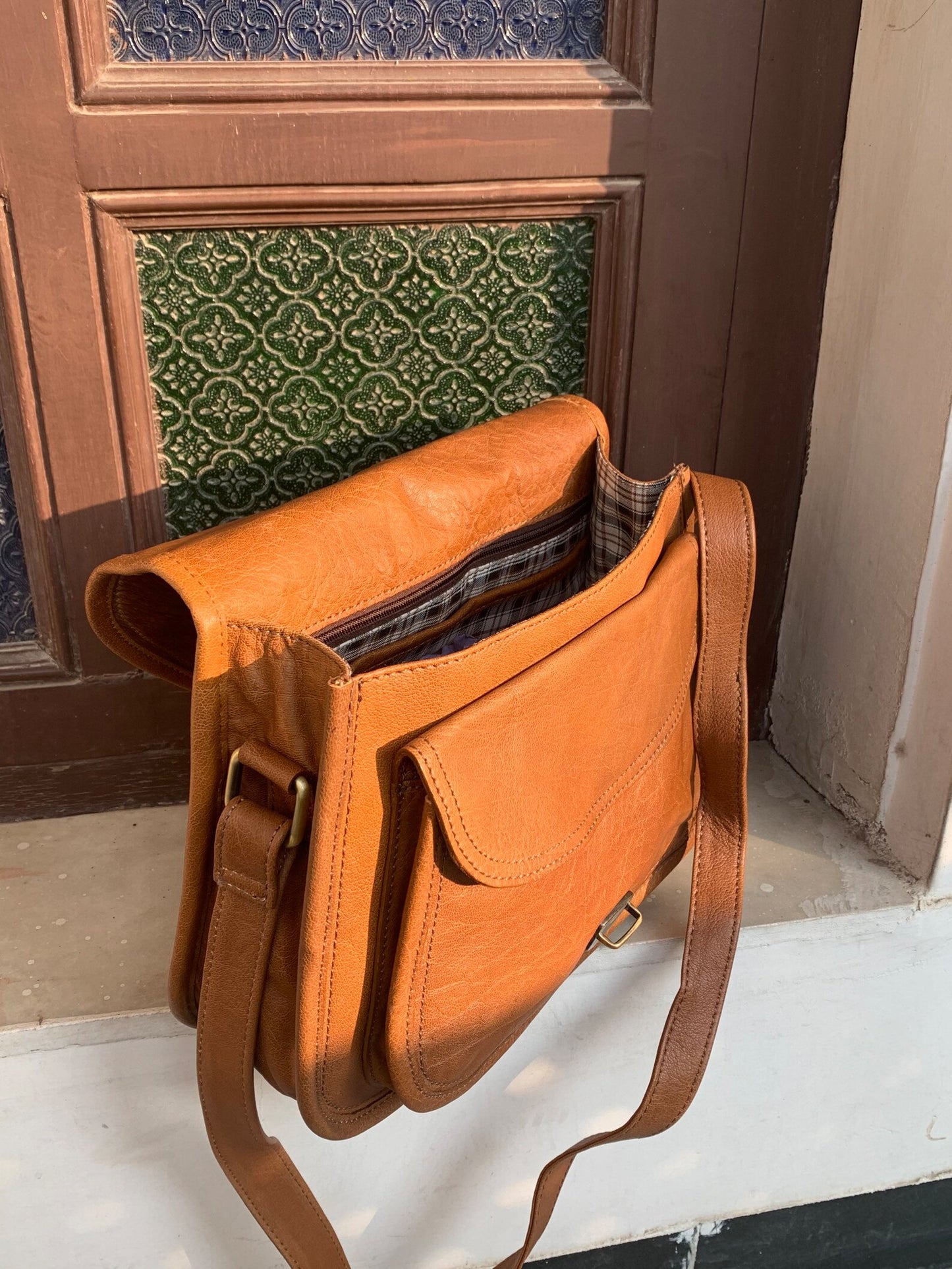 Natural Cowhide Messenger Bag Brown White