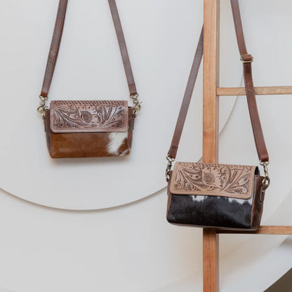 Genuine Cowhide Crossbody Bag With Tooled Leather