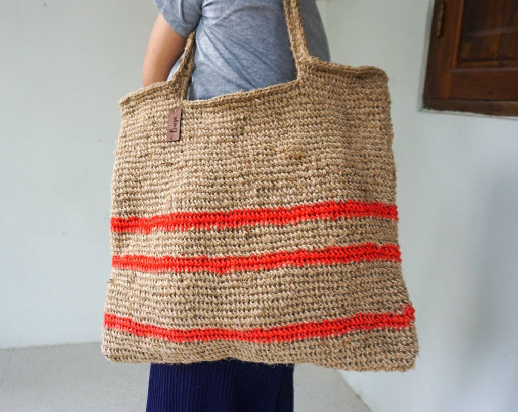 Large jute crochet shoulder bag crochet with stripe