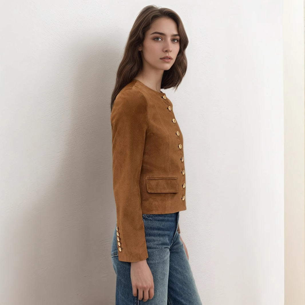 Brown Faux Suede Jacket Womens with Gold Buttons