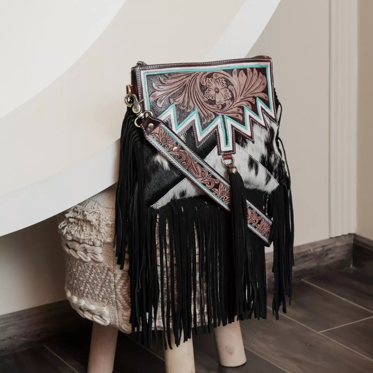 Tooled Leather Cowhide Crossbody Bag Fringe