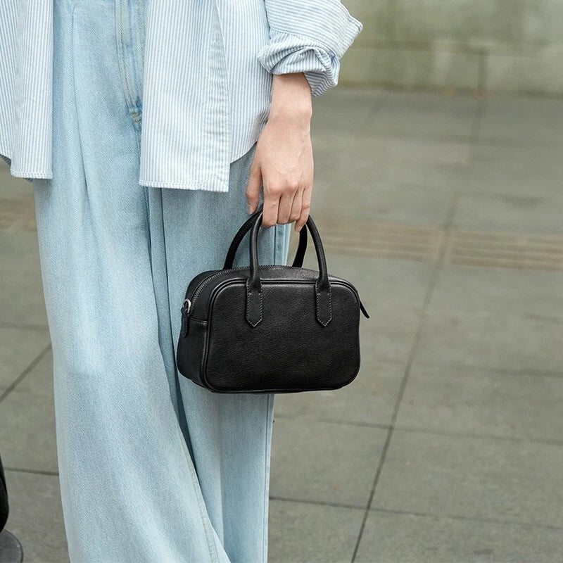 Genuine Leather Mini Bowling Crossbody Bag for Women