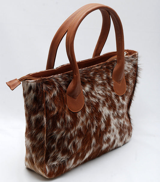 Large Brown White Cow Fur Shoulder Purse