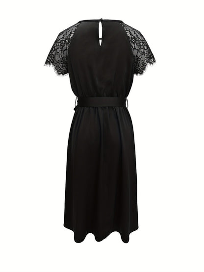 Black Lace Sleeve A-Line Evening Dress With Waist Tie