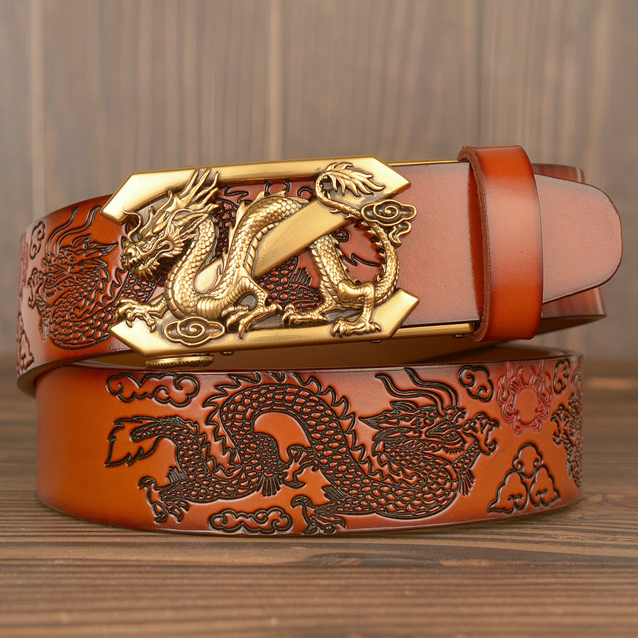 Men Dragon Leather Belt With Alloy Automatic Buckle