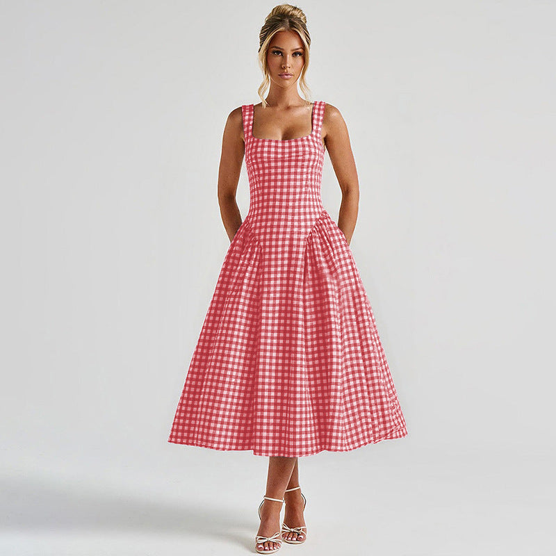 Gingham French Style Plaid Midi Princess Dress