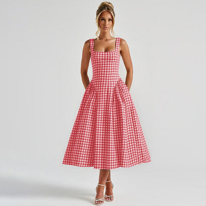 Gingham French Style Plaid Midi Princess Dress