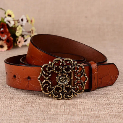 women’s genuine leather carved floral belt brown 105 cm