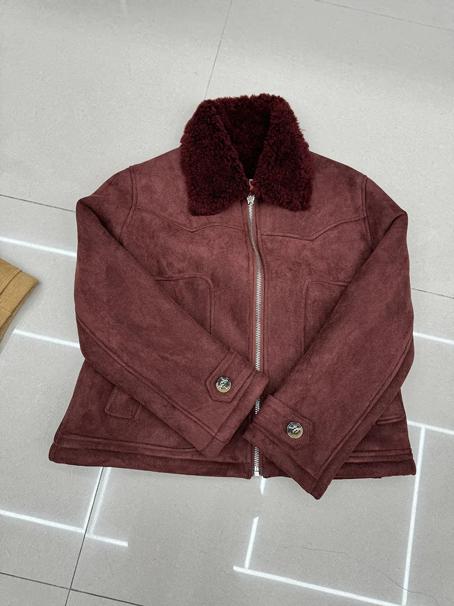 Women’s Suede Lambswool Fur Jacket Winter 5 S