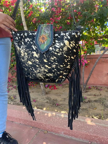 Tooled Leather Metallic Cowhide Tote Bag
