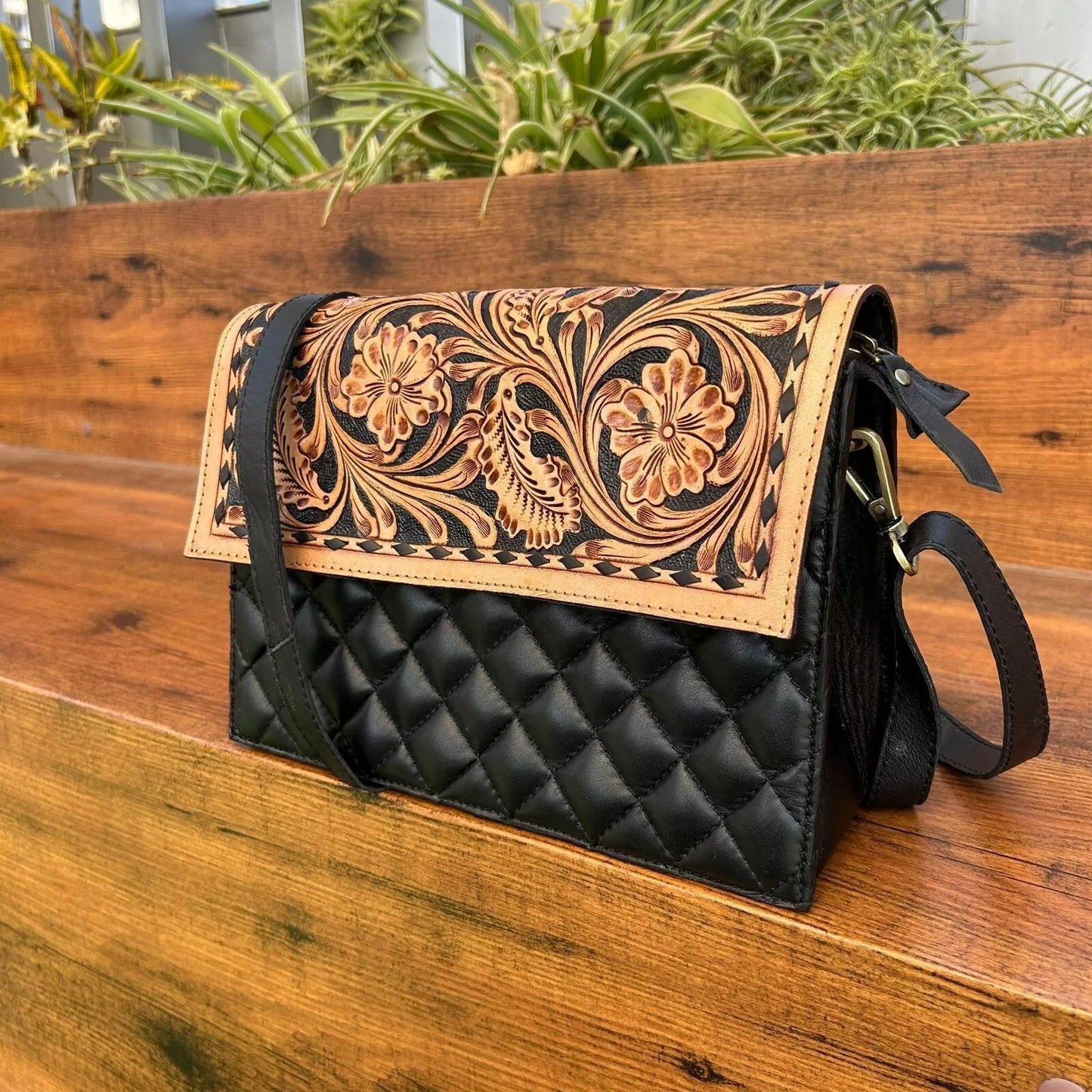 Quilted tooled leather crossbody bags