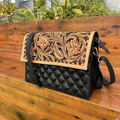 Quilted tooled leather crossbody bags