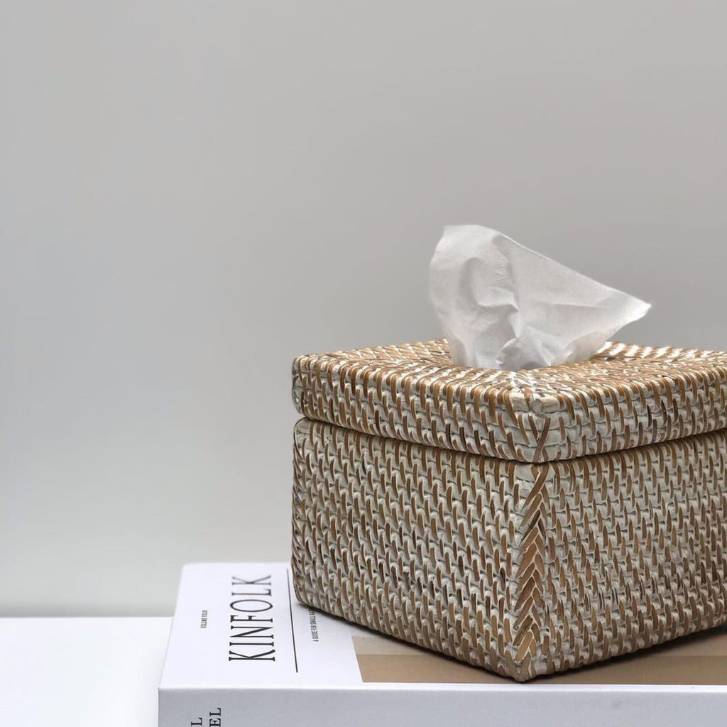 Whitewash Square Rattan Tissue Box Holder