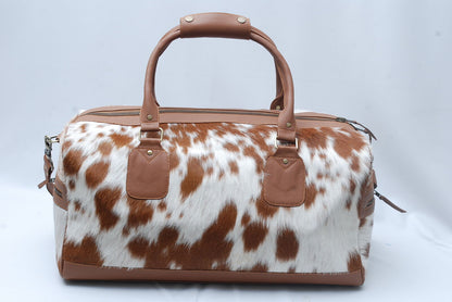 Brown White Cow Skin Overnight Duffle Bag